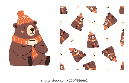 A set of prints for printing on children's products. Seamless vector pattern and print for printing. Cute bear drinking tea with hat and scarf.
