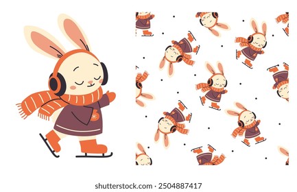 A set of prints for printing on children's products. Seamless vector pattern and print for printing. Cute hare in coat and scarf skating on ice skates.