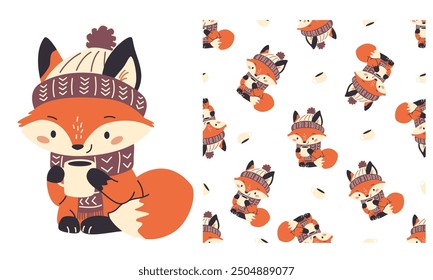 A set of prints for printing on children's products. Seamless vector pattern and print for printing.  Cute fox drinking tea in a hat and scarf. 