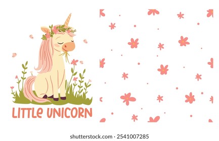 Un conjunto de impresiones para imprimir en productos para niños. Lindo unicornio sentado en un prado y comiendo hierba, patrón de Vector sin fisuras de margaritas sobre fondo blanco 