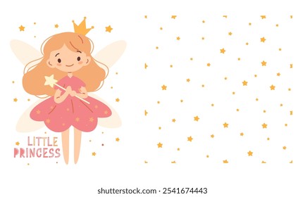 A set of prints for printing on children's products.  Cute fairy princess with magic wand on white background, seamless vector pattern of stars on white background 