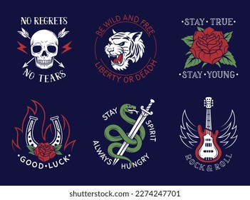 Set of prints for tshirts. Patches and embroideries in Gothic style. Skull, rose, tiger, guitar and snake with inscriptions and quotes. Cartoon flat vector collection isolated on black background