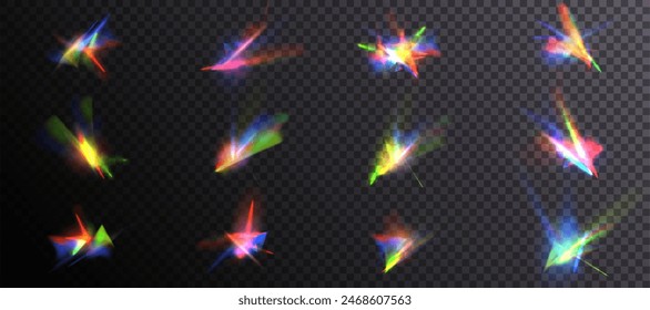 Conjunto de efectos de distorsión de prisma. Abstractas cáustica de diamante, efectos de luz de lente y un colorido conjunto de superposiciones de Vector de destellos de lente de cristal. Rayos brillantes brillantes y efectos de luz colorida. Vector 10 EPS	