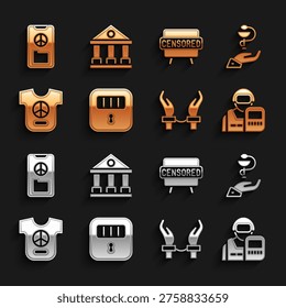 Set Prison cell door, Caduceus snake medical, Police officer, Handcuffs hands criminal, Peace, Censored stamp,  and Courthouse building icon. Vector