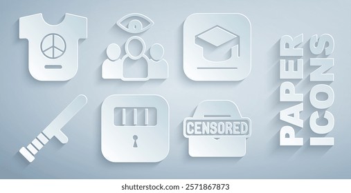 Set Prison cell door, Graduation cap, Police rubber baton, Censored stamp, Spy, agent and Peace icon. Vector