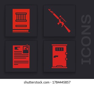 Fijar la puerta de la celda de la prisión, el libro de leyes, el rifle de francotirador con el alcance y el icono de papel de la demanda. Vector