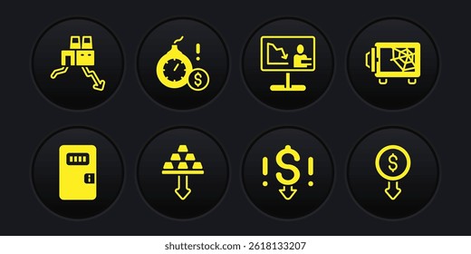Definir a porta da cela da prisão, Seguro, Barras de ouro, Dólar diminuição da taxa, Notícias de crise econômica global, Dólar bomba de dinheiro, e Desligamento do ícone de fábrica. Vetor