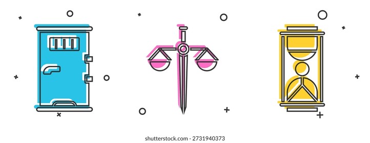 Establecer la puerta de la celda de la prisión, escalas de justicia y reloj de arena viejo con icono de arena. Vector