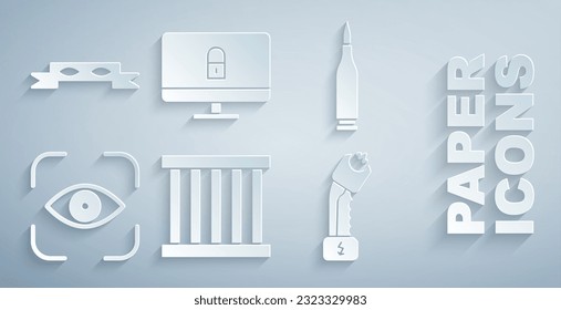 Set Prison window, Bullet, Eye scan, Police electric shocker, Lock computer monitor and Thief eye mask icon. Vector