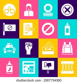 Set Prison window, Bulletproof vest, Paint spray can, Lying burning tires, Petition, Protest, Handcuffs and Ban icon. Vector