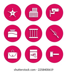 Set Prison window, Evidence bag and pistol or gun, Judge gavel, Sniper rifle with scope, Briefcase, Inkwell, Security camera and Hexagram sheriff icon. Vector