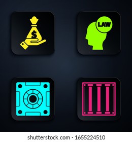 Set Prison window, Hand holding money bag, Safe and Head with law. Black square button. Vector