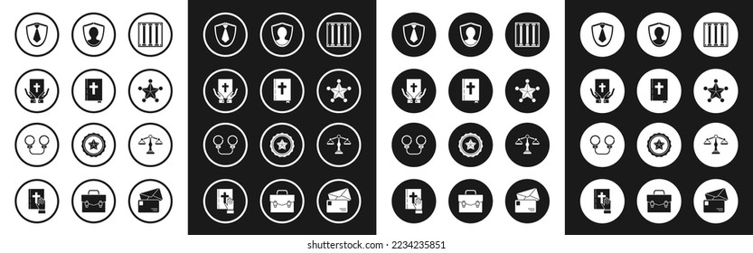 Set Prison window, Holy bible book, Oath the Bible, Tie, Hexagram sheriff, User protection, Scales of justice and Handcuffs icon. Vector