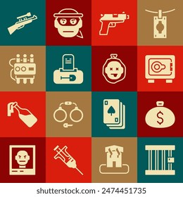 Set Prison window, Money bag, Safe, Pistol or gun, Grave with tombstone, Dynamite and timer clock, Sniper rifle scope and Murder icon. Vector