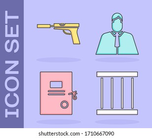 Setzen Sie Gefängnisfenster, Pistole oder Pistole mit Schalldämpfer, Anzug Papier und Rechtsanwalt, Anwalt, Juristensymbol. Vektorgrafik