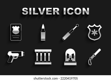 Set Prison window, Police badge, rubber baton, Flasher siren, electric shocker, Telescopic, with id case and Bullet icon. Vector