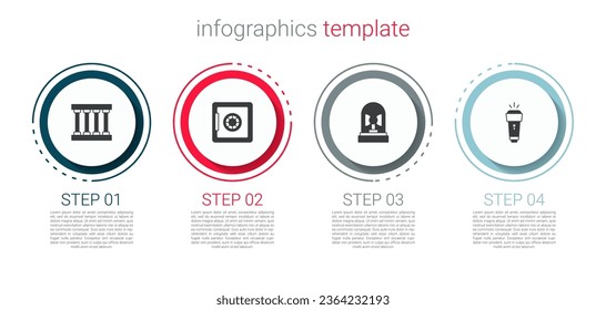 Set Prison window, Safe, Flasher siren and Flashlight. Business infographic template. Vector