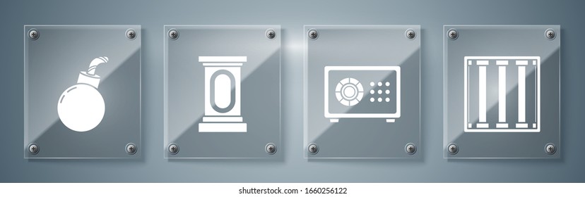 Set Prison window, Safe, Stage stand or debate podium rostrum and Bomb ready to explode. Square glass panels. Vector