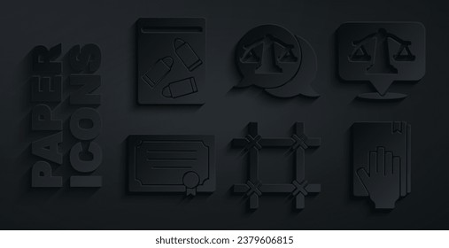 Set Prison window, Scales of justice, Certificate template, Oath the Holy Bible,  and Evidence bag and bullet icon. Vector
