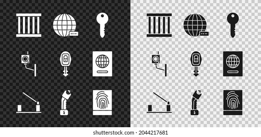 Set Prison window, Social network, Key, Parking car barrier, Police electric shocker, Fingerprint, Security camera and Car key with remote icon. Vector