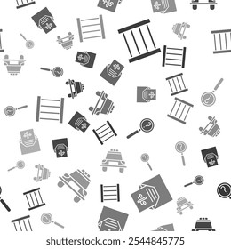 Set Prison window, Subpoena, Magnifying glass with search and Police car and flasher on seamless pattern. Vector