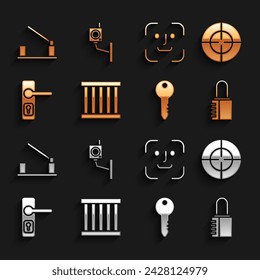 Set Prison window, Target sport, Safe combination lock, Key, Door handle, Face recognition, Parking car barrier and Security camera icon. Vector