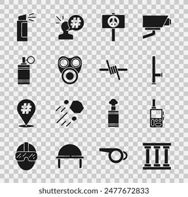 Set Prison window, Walkie talkie, Police rubber baton, Peace, Gas mask, Hand grenade, Pepper spray and Barbed wire icon. Vector