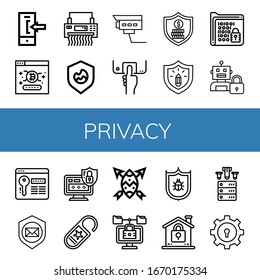 Set of privacy icons. Such as Login, Password, Shredder, Shield, Security camera, Fingerprint scan, Security, Protection, Encrypt, Lock, Do not disturb, Antivirus , privacy icons