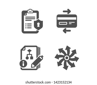 Set of Privacy policy, Credit card and Algorithm icons. Versatile sign. Checklist, Bank payment, Project. Multifunction.  Classic design privacy policy icon. Flat design. Vector
