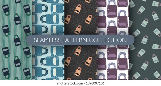 Set of privacy seamless pattern with security details, lock door silhouettes. Cute lock collection. Designed for wallpaper, textile, wrapping paper, fabric print. Vector illustration.