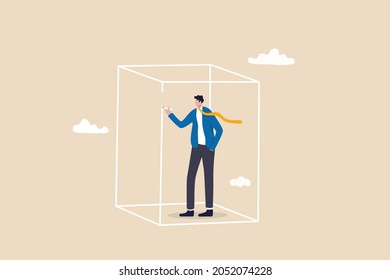 Set privacy zone, personal barrier to focus or work boundary, space to be with yourself concept, introvert businessman drawing box to cover privacy zone or boundary to protect from distraction.