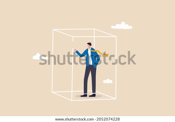 Set privacy zone, personal barrier to focus\
or work boundary, space to be with yourself concept, introvert\
businessman drawing box to cover privacy zone or boundary to\
protect from distraction.