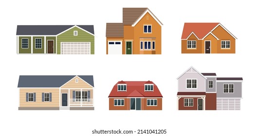 Set of private buildings from different form on white background. Vector residential houses of the city or villages in flat style.