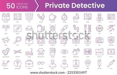 Set of private detective icons. Gradient style icon bundle. Vector Illustration