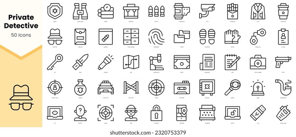 Set of private detective Icons. Simple line art style icons pack. Vector illustration
