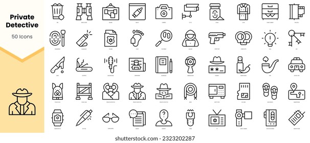 Conjunto de Icons detective privados. Paquete de iconos de estilo de arte de línea simple. Ilustración del vector