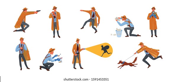 Set of private detective man character in hat search for criminal in different situations. Vector illustration in flat cartoon style.