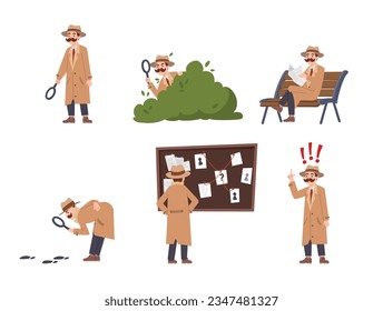 Set of private detective with mustache looking through magnifying glass, sneaking, spying, solving crime. Male cartoon character isolated on white background. Flat vector illustration.