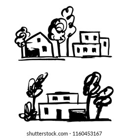 Set of private houses, hand drawn, vector illustration