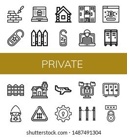Set of private icons such as Brickwall, Do not disturb, Hack, Fence, Wooden house, Locker, Hacker, Password, Padlock, Small plane, Lock , private