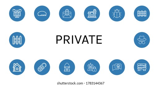 Set of private icons. Such as Lock, Cloud gate, Padlock, Antivirus, Fence, Wooden house, Do not disturb, Hacker, Fences , private icons