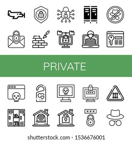 Set of private icons. Such as Small plane, Lock, Antivirus, Brickwall, Locker, Hacker, Password, Do not disturb, Cctv, Unlock, Fence , private icons