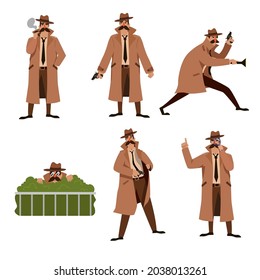 Set of private investigator cartoon vector illustration. Detective character with mustache.in brown coat, hat and tie in various action poses. Crime, investigation, mystery concept for banner design