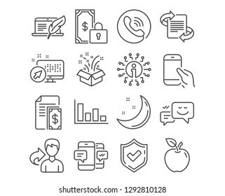 Set of Private payment, Gift and Happy emotion icons. Histogram, Marketing and Hold smartphone signs. Payment, Copyright laptop and Smartphone sms symbols. Secure finance, New year, Web chat. Vector