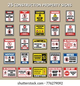 set of private property no trespassing warning sign for signboard or label. vector illustration