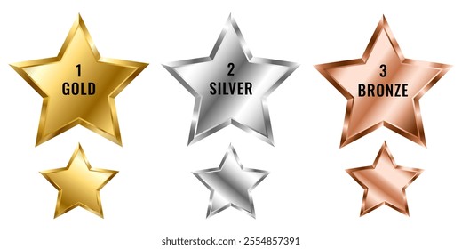 A set of prize stars to be awarded. Gold, silver, bronze star. First, second, and third places.