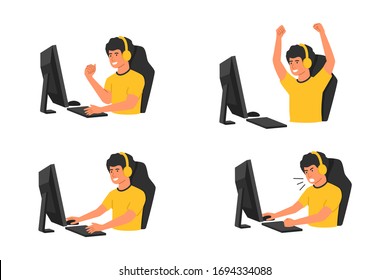 Set with pro gamer play in online video game, in the headphones and with computer mouse and keyboard. Concept pro gamer esport with different emotions happy and angry cartoon