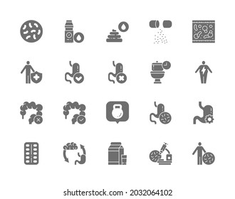 Set of Probiotic Grey Icons. Lactobacilli, Bifidobacteria, Vitamins and more.