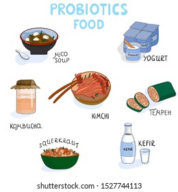 Set Of Probiotics Food. There Are Kombucha, Kimchi, Soy Tempeh, Mico Soup, Yogurt, Sauerkraut And Kefir. Food With The Rich Nutrient