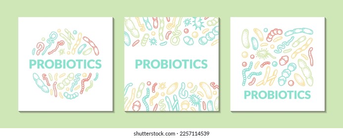 Conjunto de probióticos diseños de embalajes hechos a mano. Ilustración vectorial científica en el estilo de esbozo